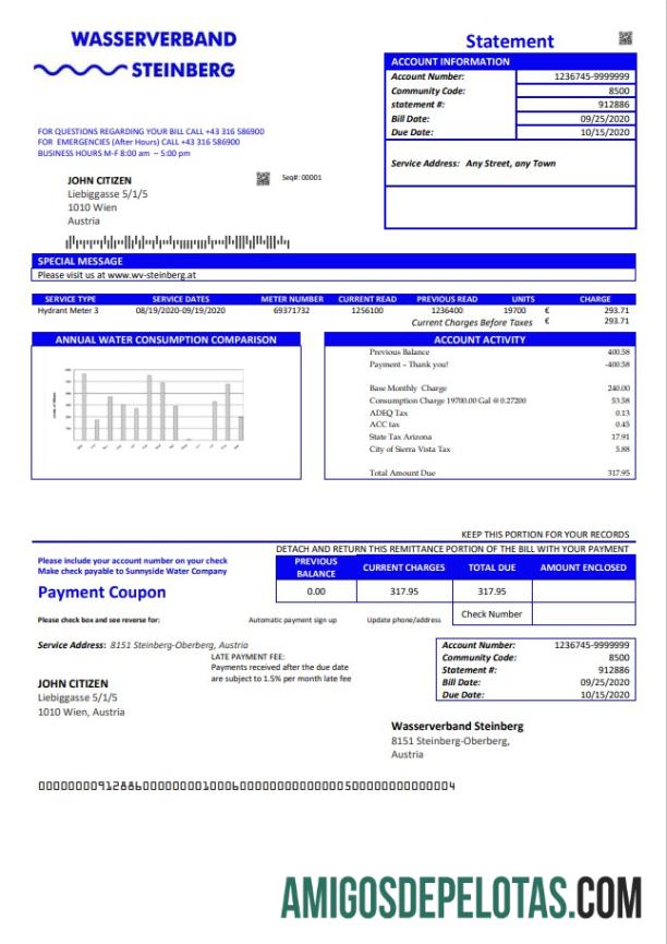 Conta de serviços públicos de água da Áustria Wasserverband Steinberg exemplo real